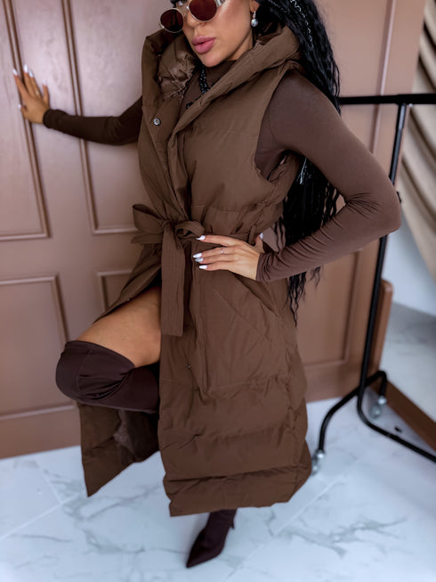 Long, chocolate brown vest with tie belt
